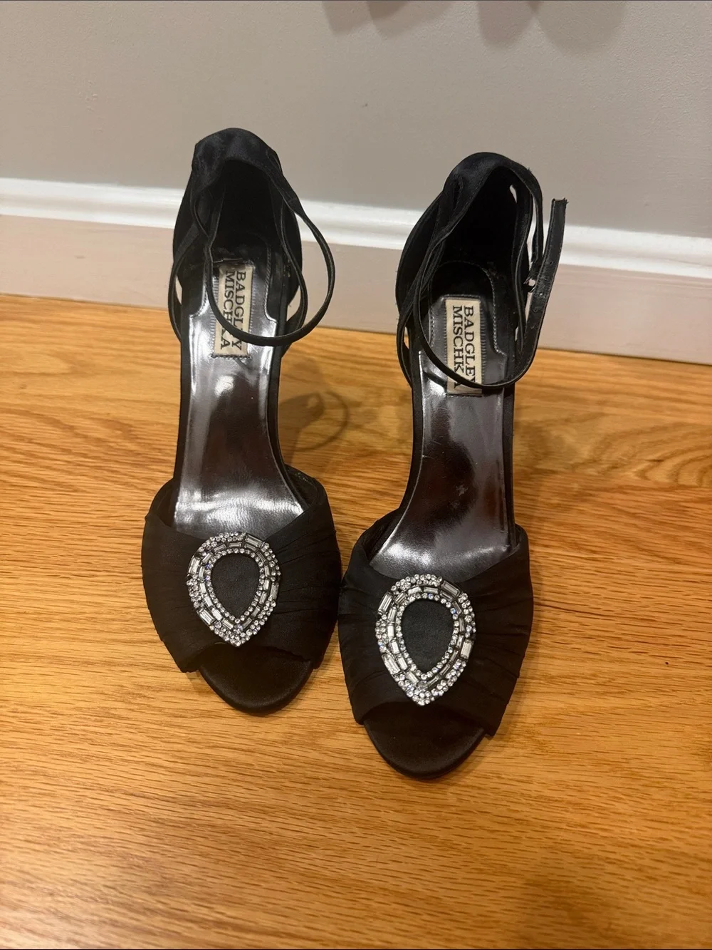 Badgley Mischka Black Satin Ankle-Strap Heels with Crystal Teardrop Buckle